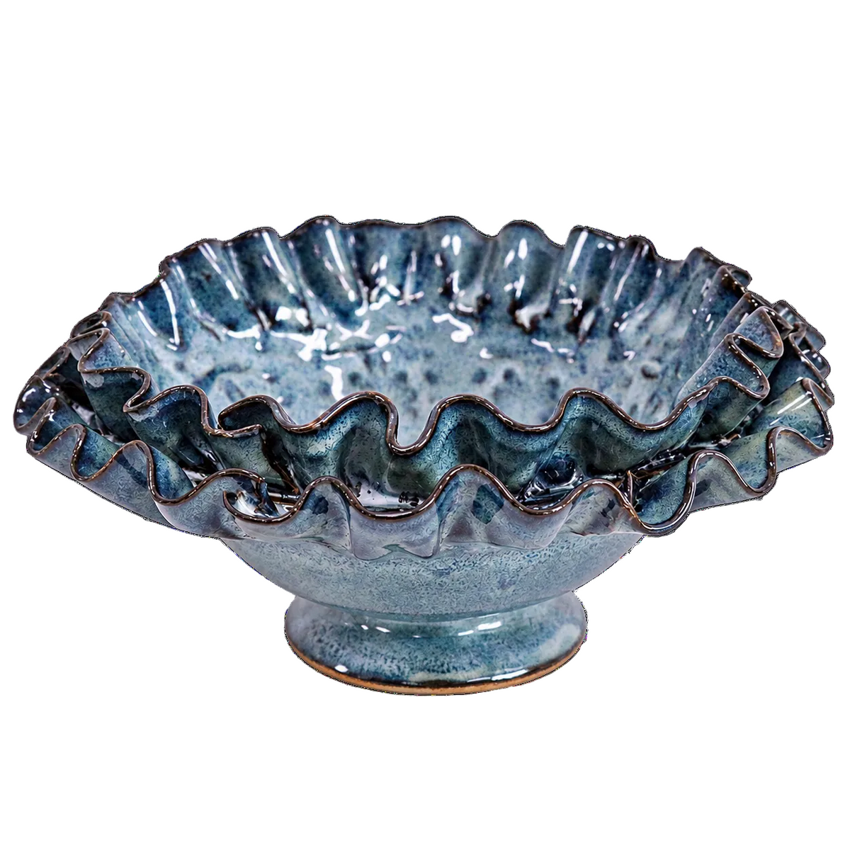 Azure French blue decorative ruffled ceramic bowl or sculptural vase.