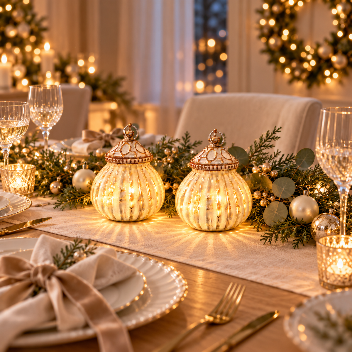 Christmas styling mockup: two illuminated Balle White LED Lanterns on an ivory linen dining table with greenery and champagne gold decorations; accessories not included