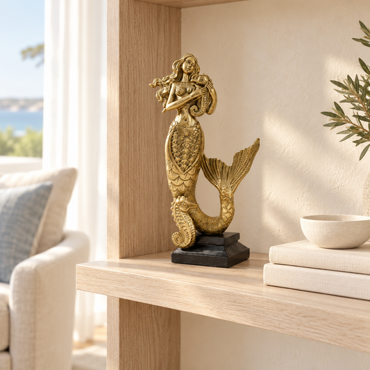 Styling mockup: Marina Golden Mermaid Sculpture on a pale oak shelf beside ivory books; accessories not included
