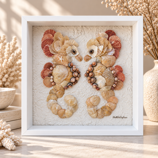 Two seahorses made from cream, honey and amber seashells in a white frame