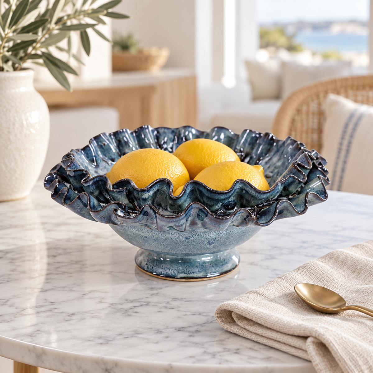 Azure blue ceramic bowl holding three lemons on a marble table with neutral coastal styling