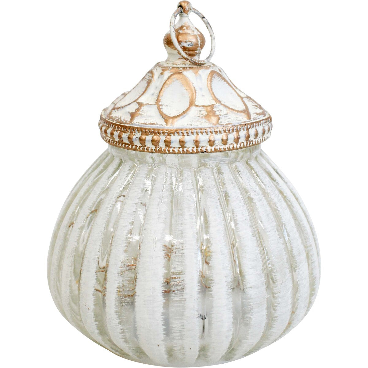 Balle white ribbed glass LED lantern with antique gold metal cap and ring handle
