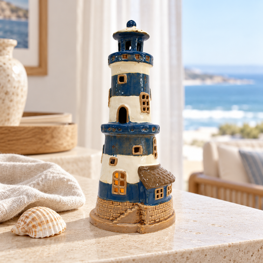 Beacon Cove blue and cream ceramic lighthouse styled on a pale stone console beside linen and a seashell.