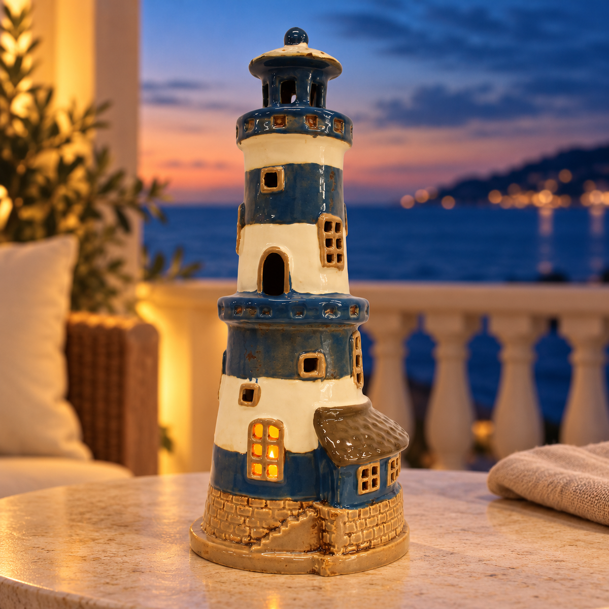 Beacon Cove blue and cream ceramic lighthouse with a warm tea light glow on a stone table overlooking the sea at dusk.