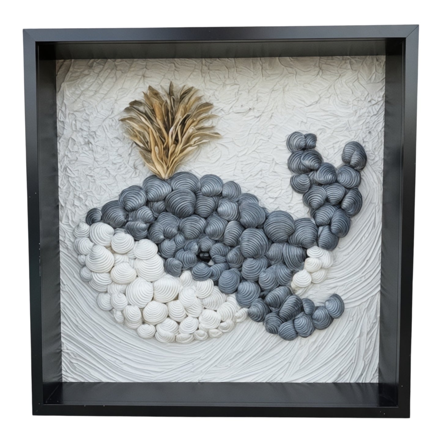 Decorative handmade coastal whale wall art, black white grey with golden spout shells, framed seashell keepsake bedroom decor gift
