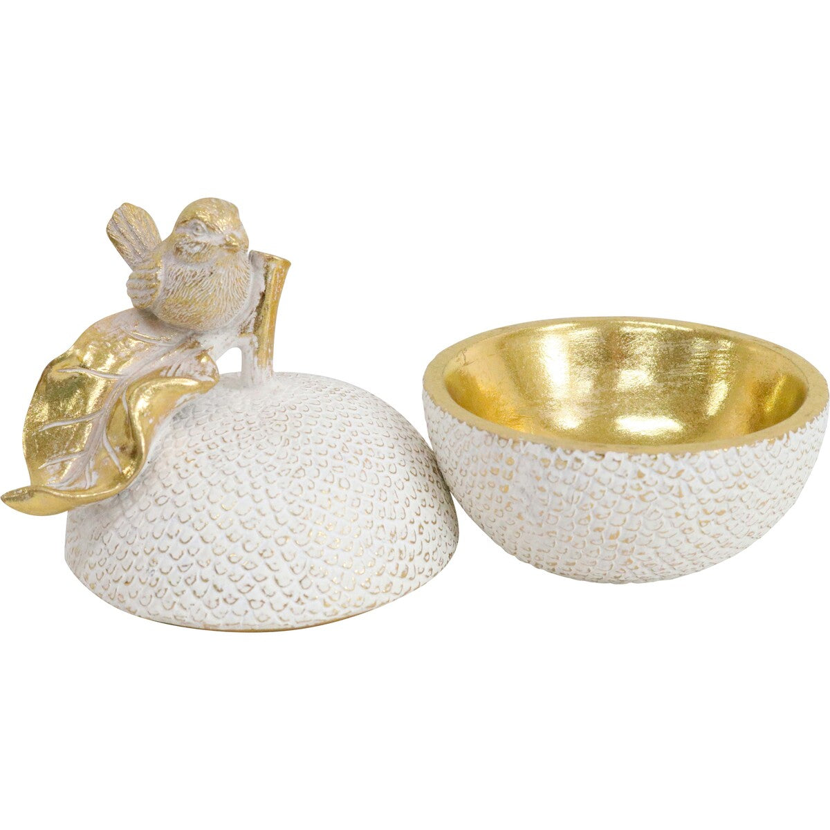 Gilded Orchard Bird Trinket Box with removable lid beside its gold-coloured interior