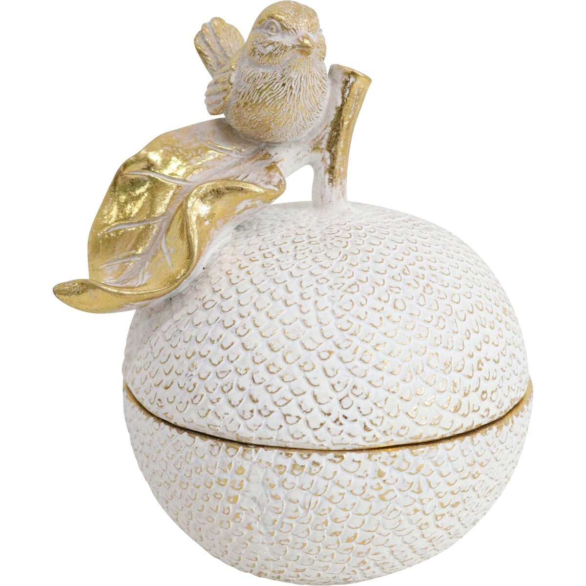 White and gold apple-shaped Gilded Orchard Bird Trinket Box with sculpted bird and leaf lid