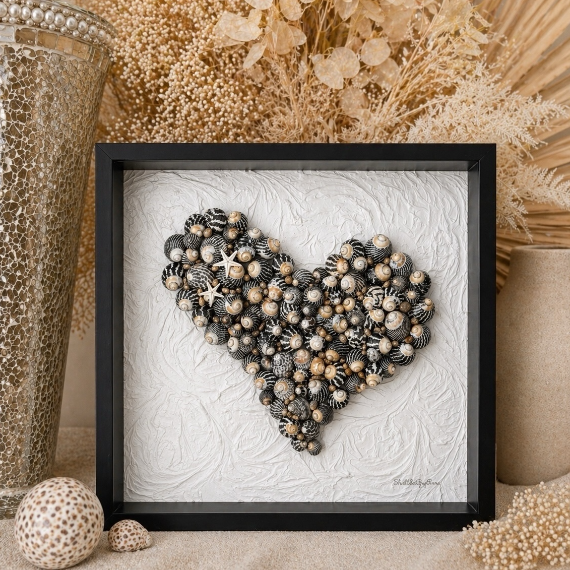 Modern coastal decor black-and-white Handmade shell art.