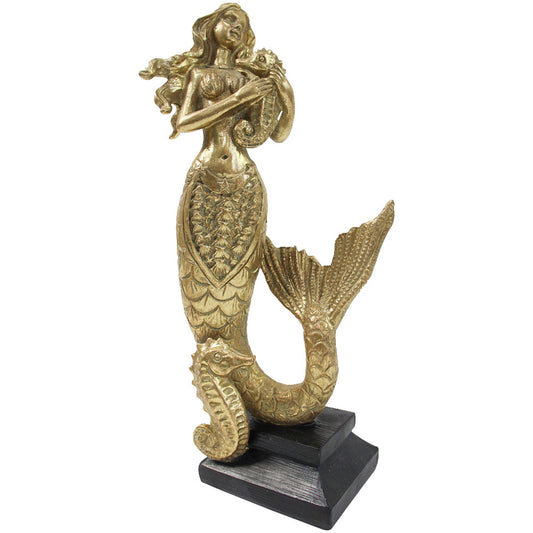 Marina Golden Mermaid Sculpture, full front view with seahorse details and black base