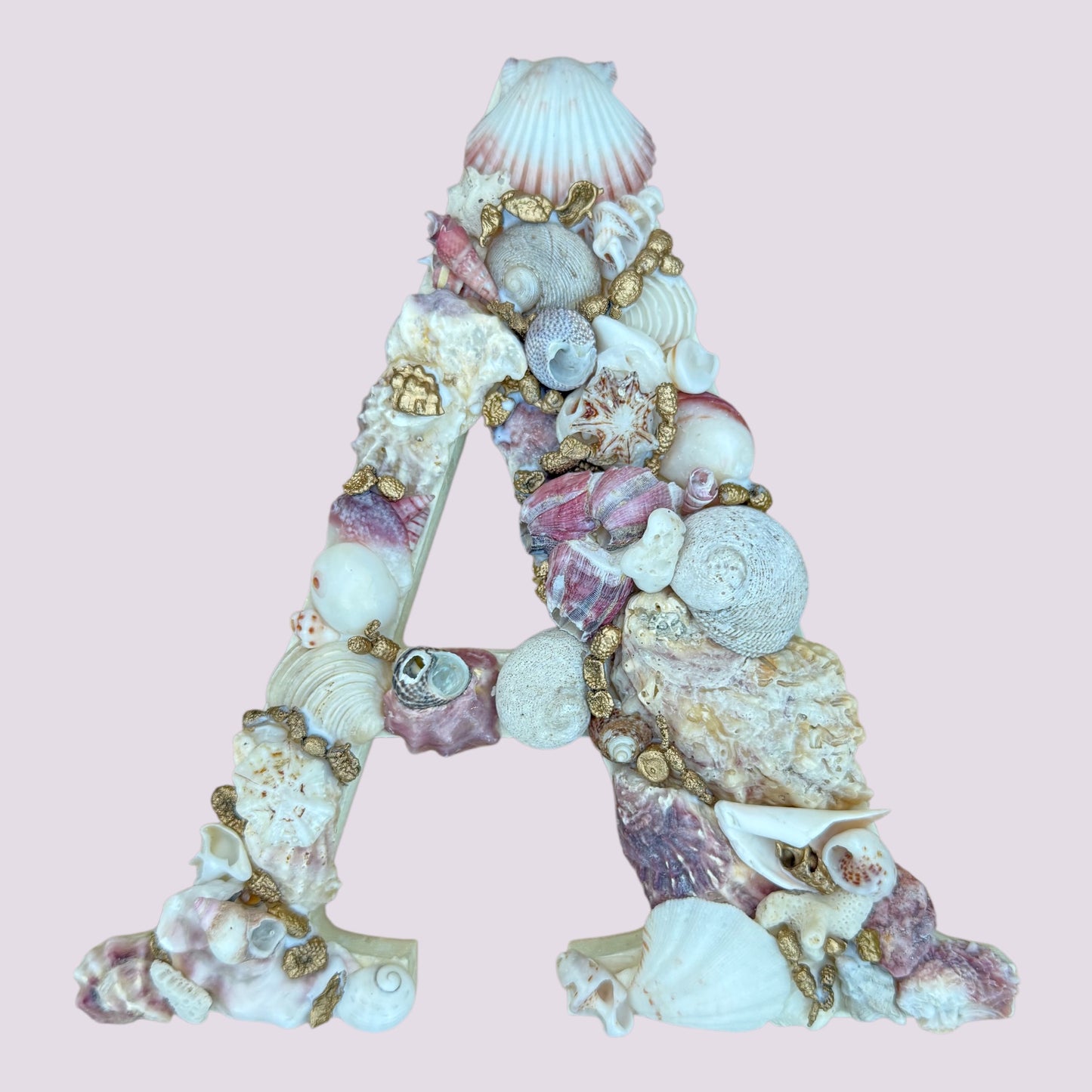 Handmade shell art initial -Soft, delicate and feminine, created with natural pink, white and gold coated seashells. An unframed personalised coastal keepsake gift for a baby nursery, bedroom decor, available in all letters and made to order.