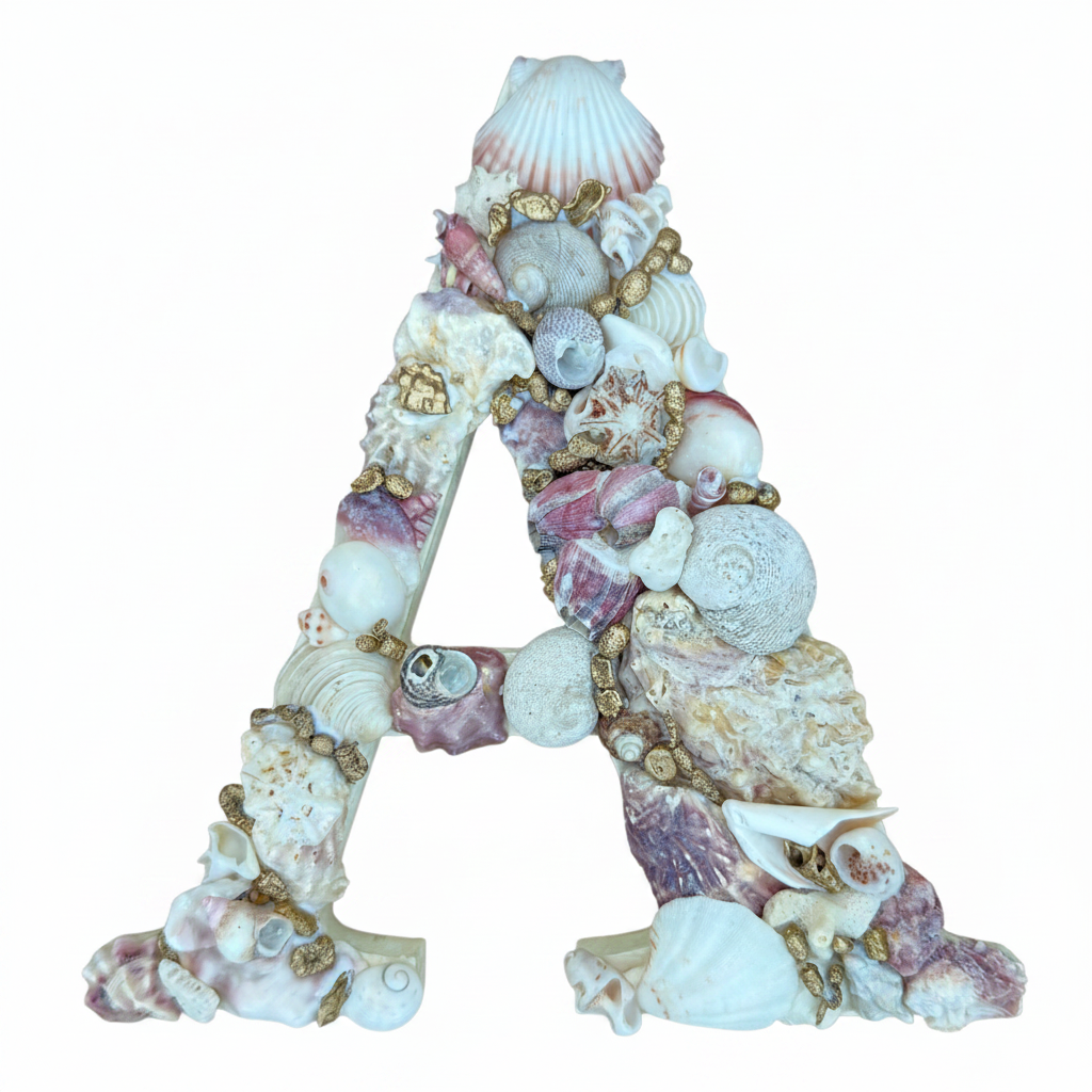 Personalised pink white gold shell art initial, handmade with natural seashells, coastal keepsake gift for nursery or bedroom decor, all letters available
