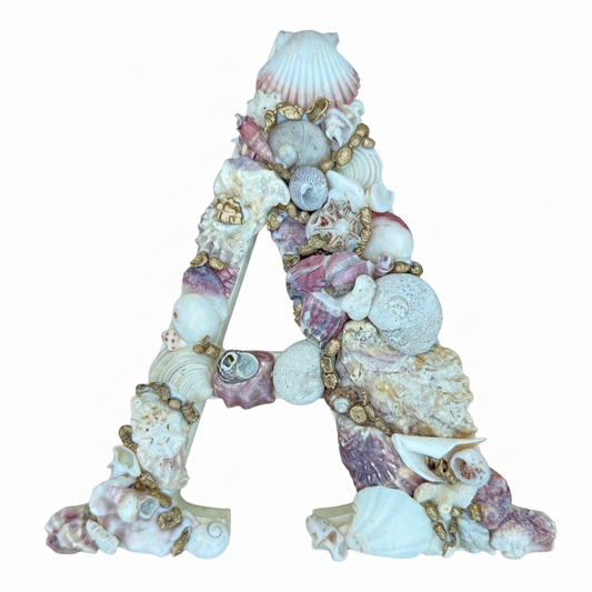 Personalised pink white gold shell art initial, handmade with natural seashells, coastal keepsake gift for nursery or bedroom decor, all letters available