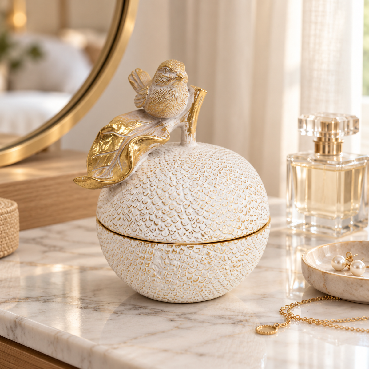 Songbird Trinket Box in white and gold styled on a marble dressing table beside perfume and pearl jewellery.