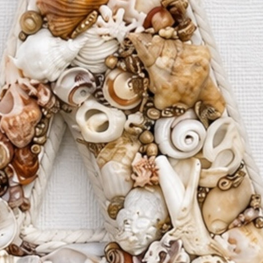 Zoomed-in view of  shell art initial created with natural white, beige, cream and gold-toned seashells. Handmade, personalised coastal gift ideal for nursery, bedroom decor or a door sign. Available in all letters and made to order.