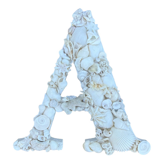 Personalised hanging shell art initial handmade with creamy white natural seashells, unframed coastal keepsake gift, all letters available